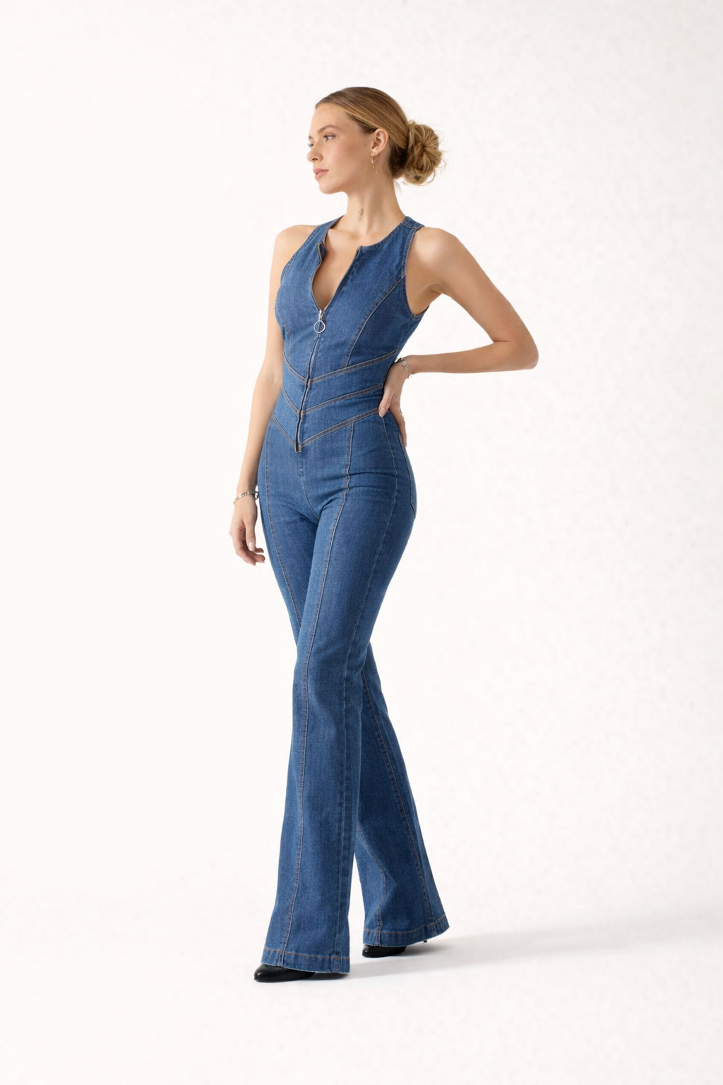 Mono vaquero ajustado con cremallera casual para mujer - Yselle