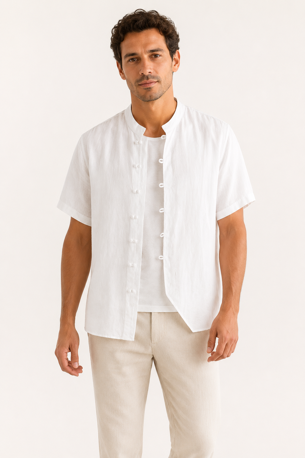 Camisa lino hombre cuello mao manga corta botonadura casual fresca - Emil