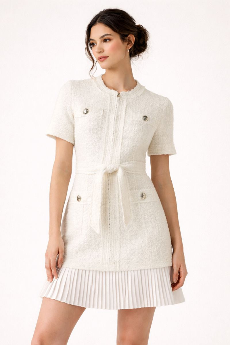 Vestido corto de tweed con cinturón para mujer - Anaís