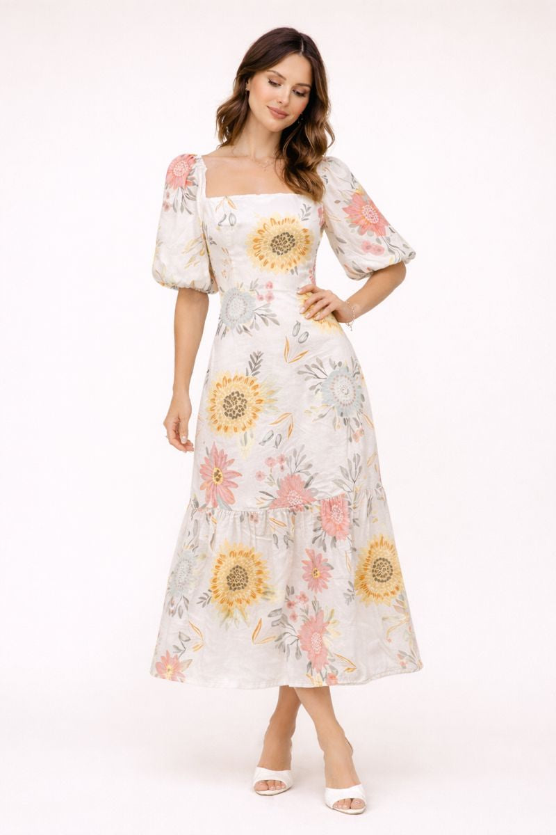 Vestido midi para mujer con mangas abullonadas y estampado floral - Miry