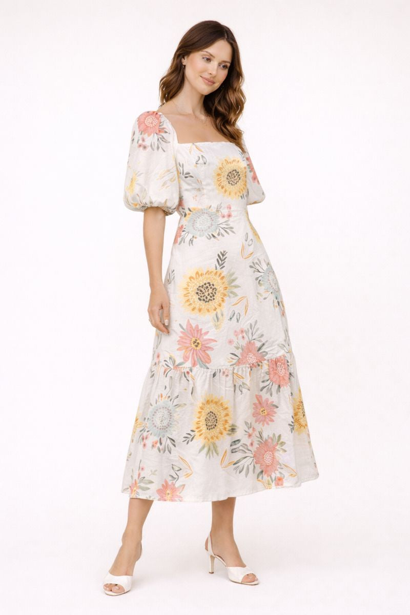 Vestido midi para mujer con mangas abullonadas y estampado floral - Miry