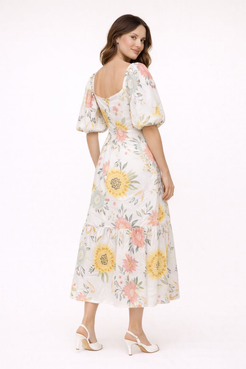 Vestido midi para mujer con mangas abullonadas y estampado floral - Miry
