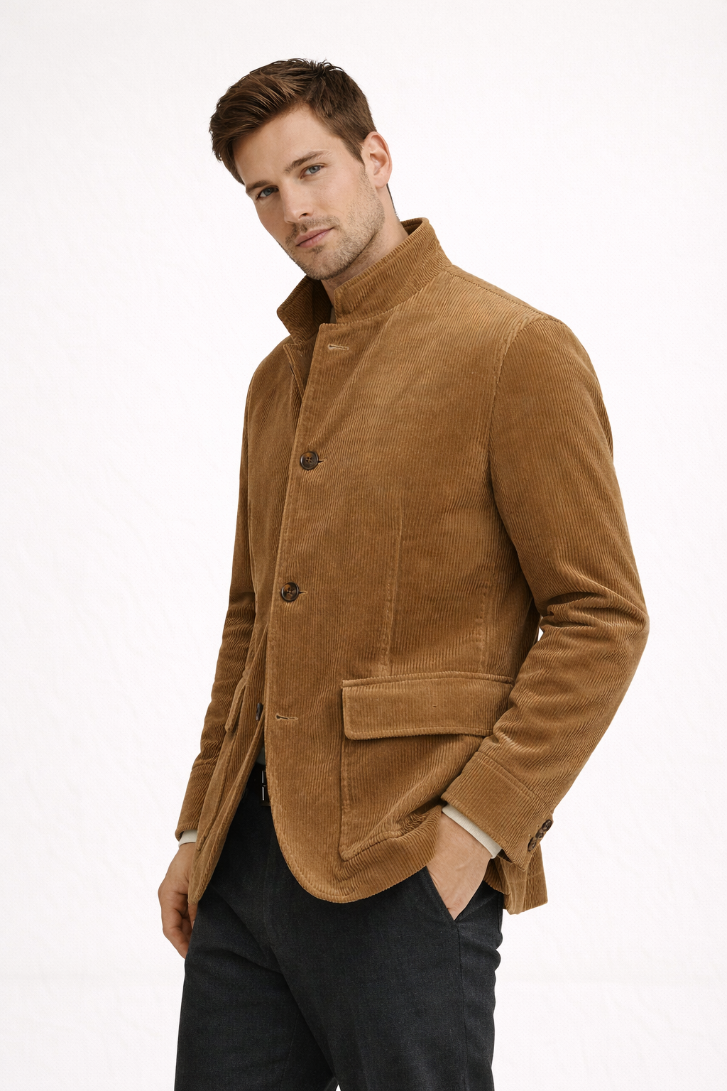 Blazer de pana para hombre con cuello mao y bolsillos de solapa - Mauro