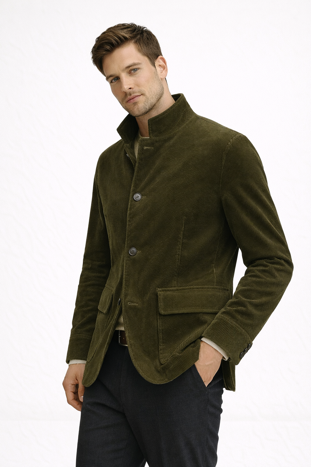 Blazer de pana para hombre con cuello mao y bolsillos de solapa - Mauro