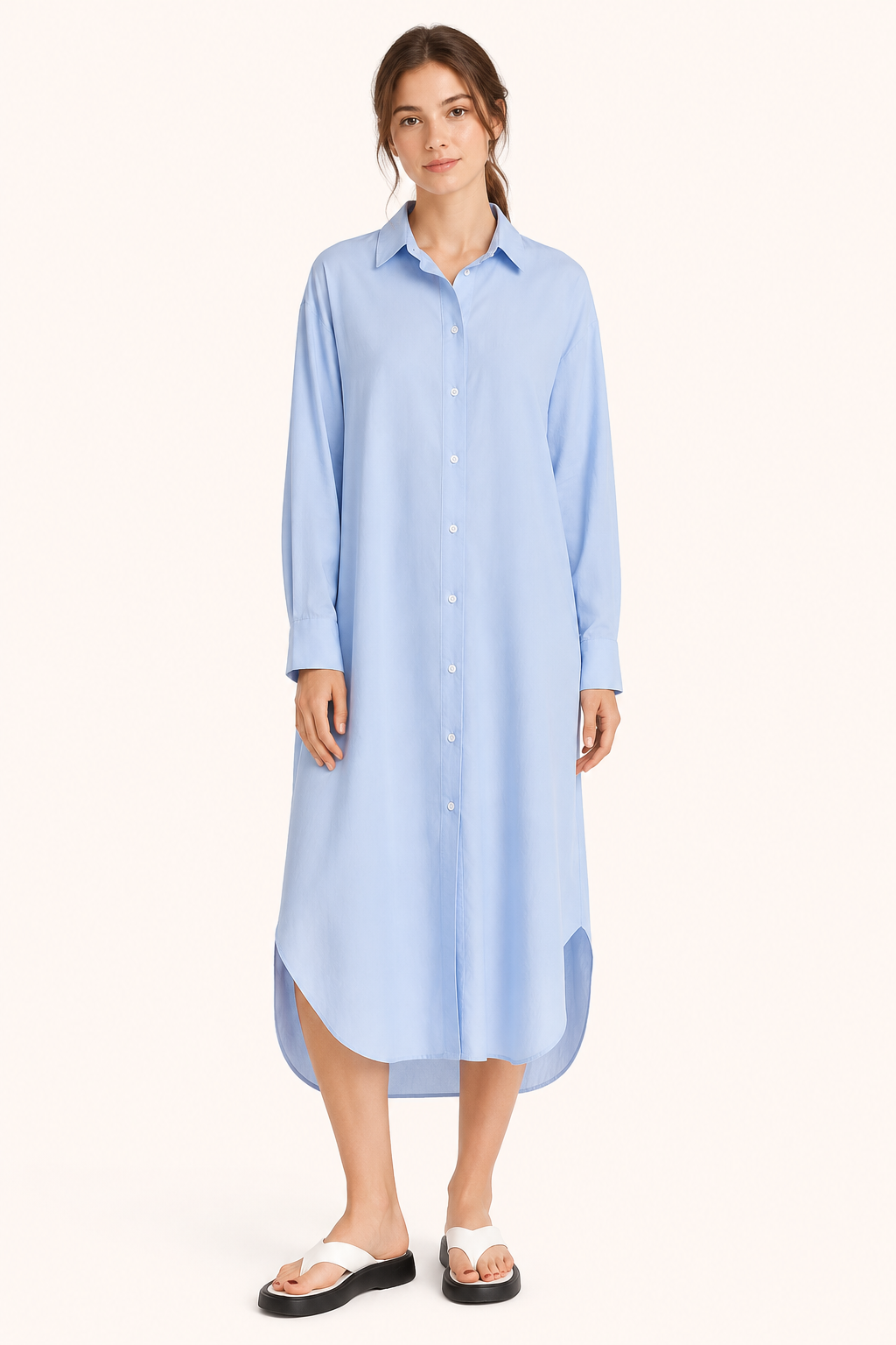 Vestido camisero largo mujer cuello clásico manga larga botones bolsillo - Shanik