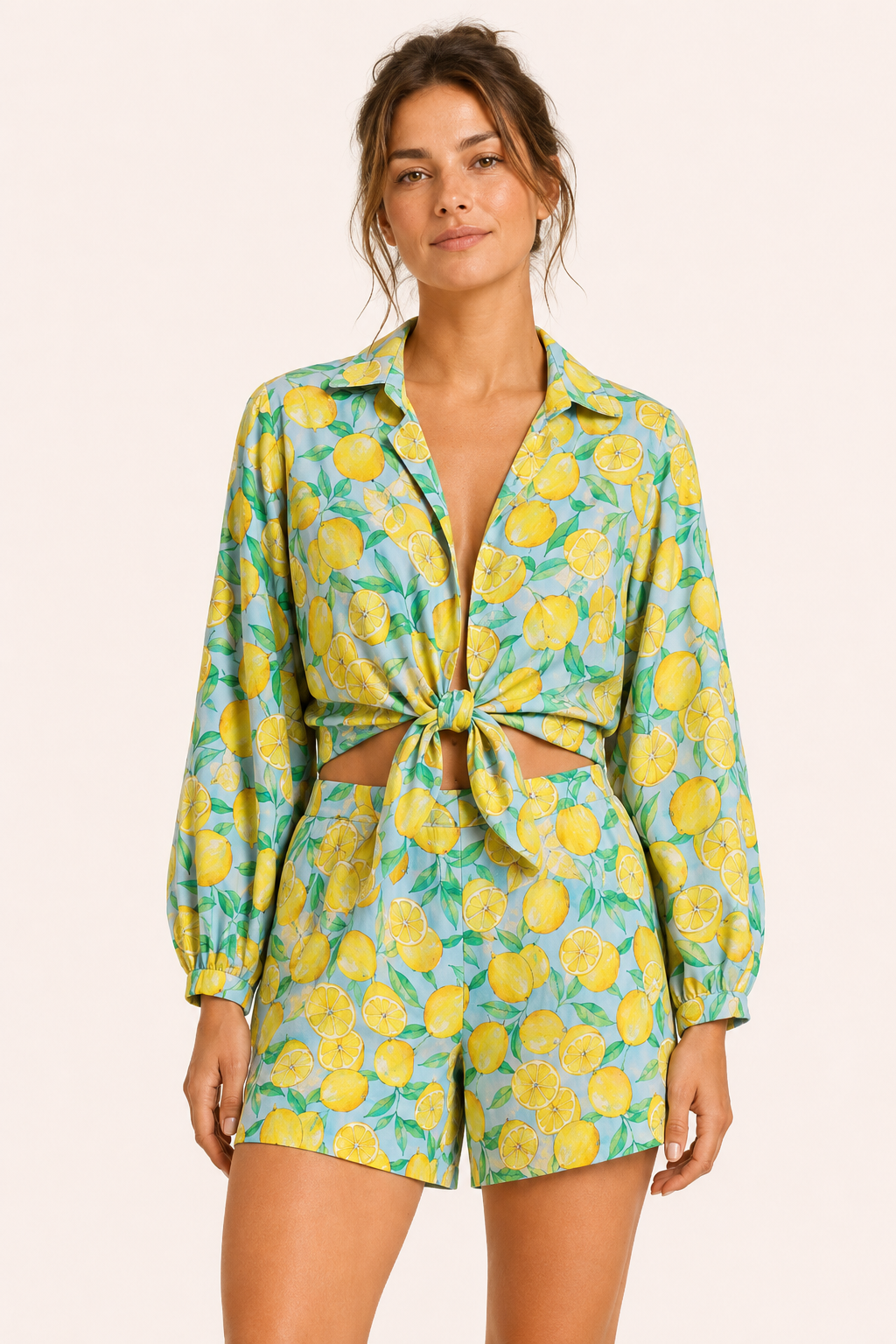 Conjunto mujer camisa nudo frontal short estampado limones verano - Jorinde
