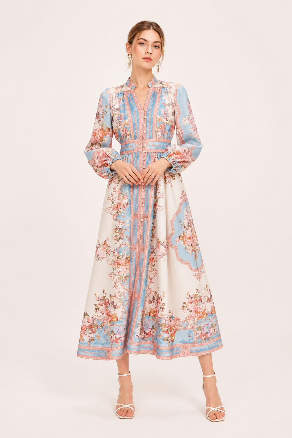 Vestido midi manga larga floral cómodo uso diario mujer - Samirha
