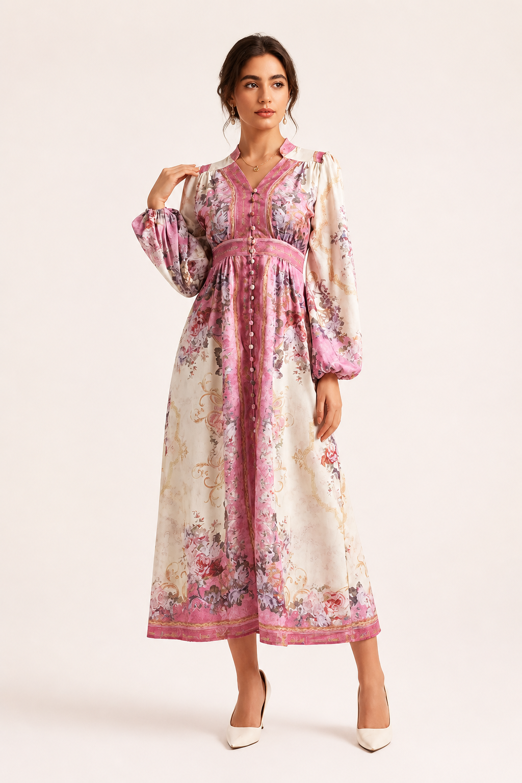 Vestido midi floral paneles verticales botones manga larga cinturón - Serena