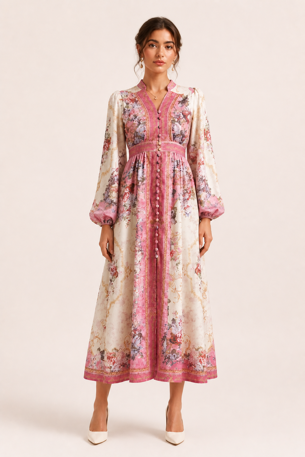 Vestido midi floral paneles verticales botones manga larga cinturón - Serena