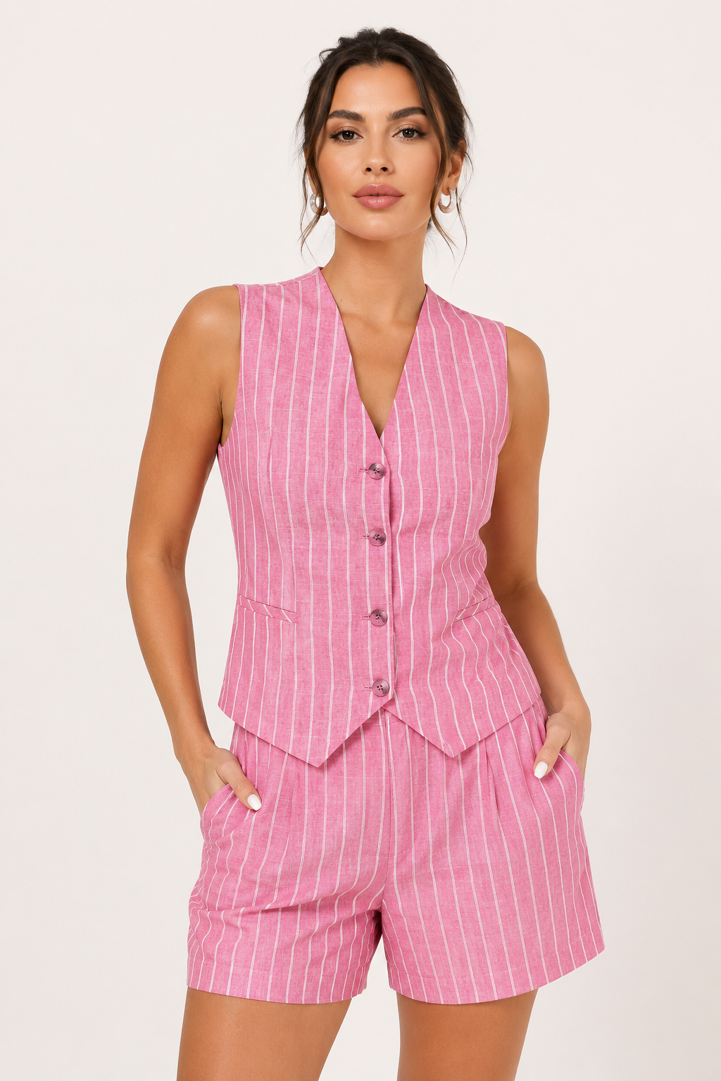 Conjunto mujer chaleco rayas sin mangas short tiro alto pinzas botones - Pinny