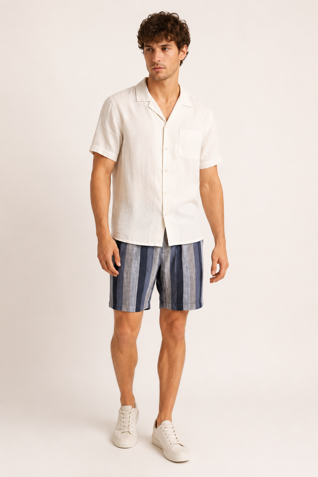 Bermuda lino hombre rayas anchas corte recto transpirable dobladillo - Falko