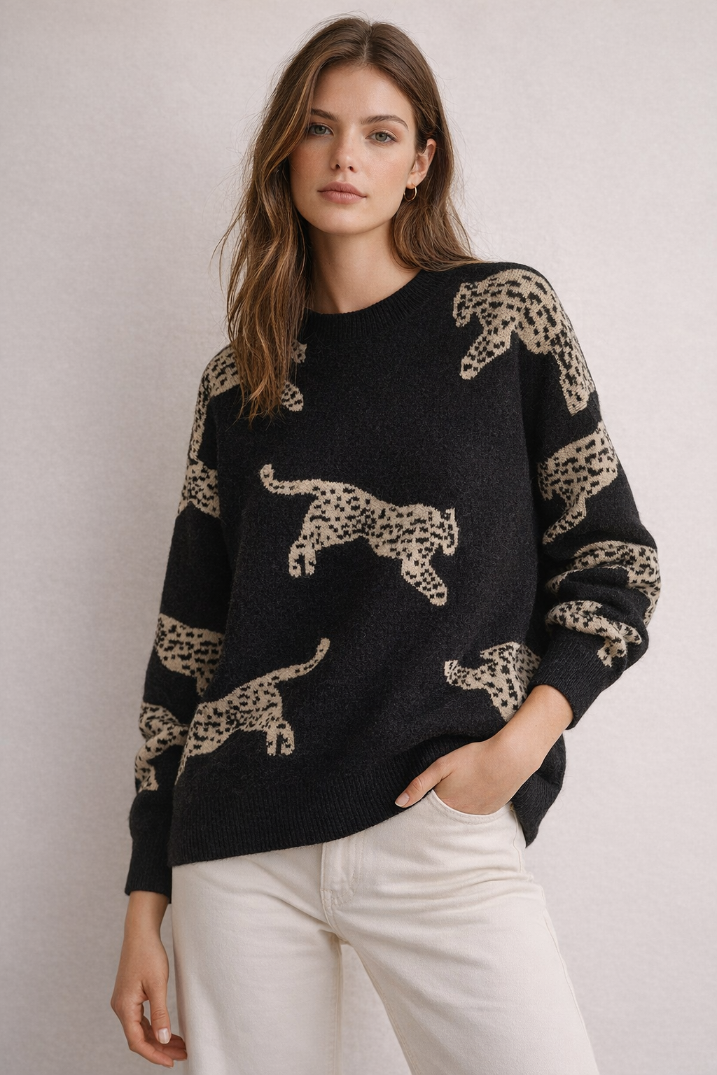 Suéter de punto para mujer con motivo gráfico recurrente manga larga cuello medio alto silueta relajada