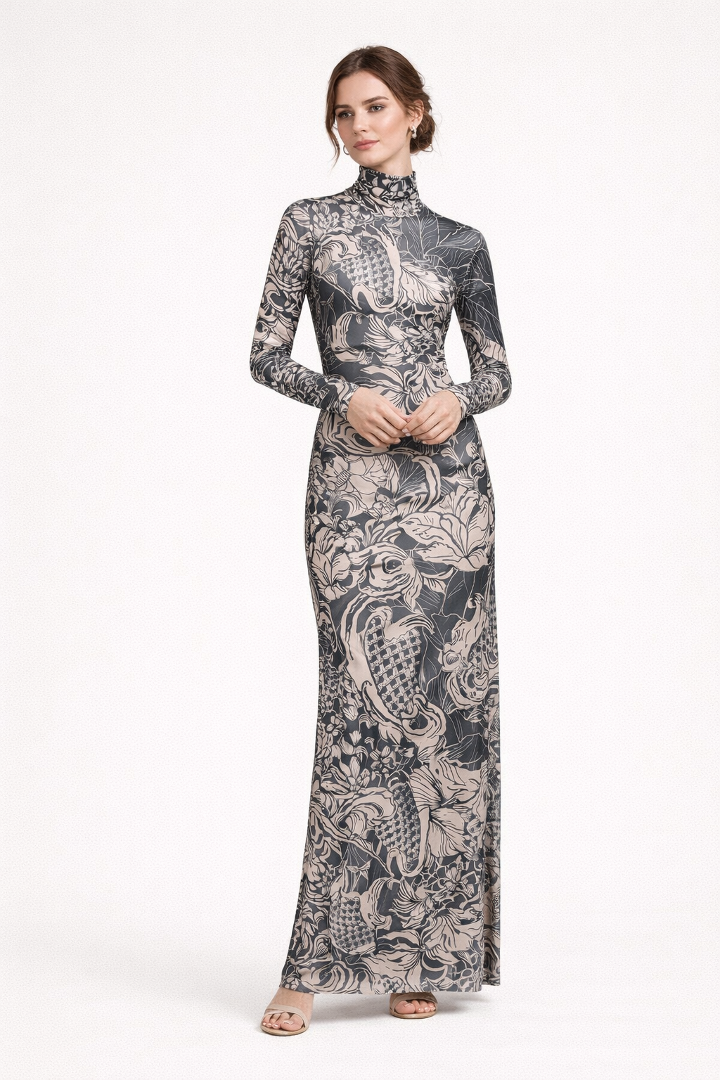 Maxi vestido para mujer de manga larga con cuello alto y estampado - Baddie