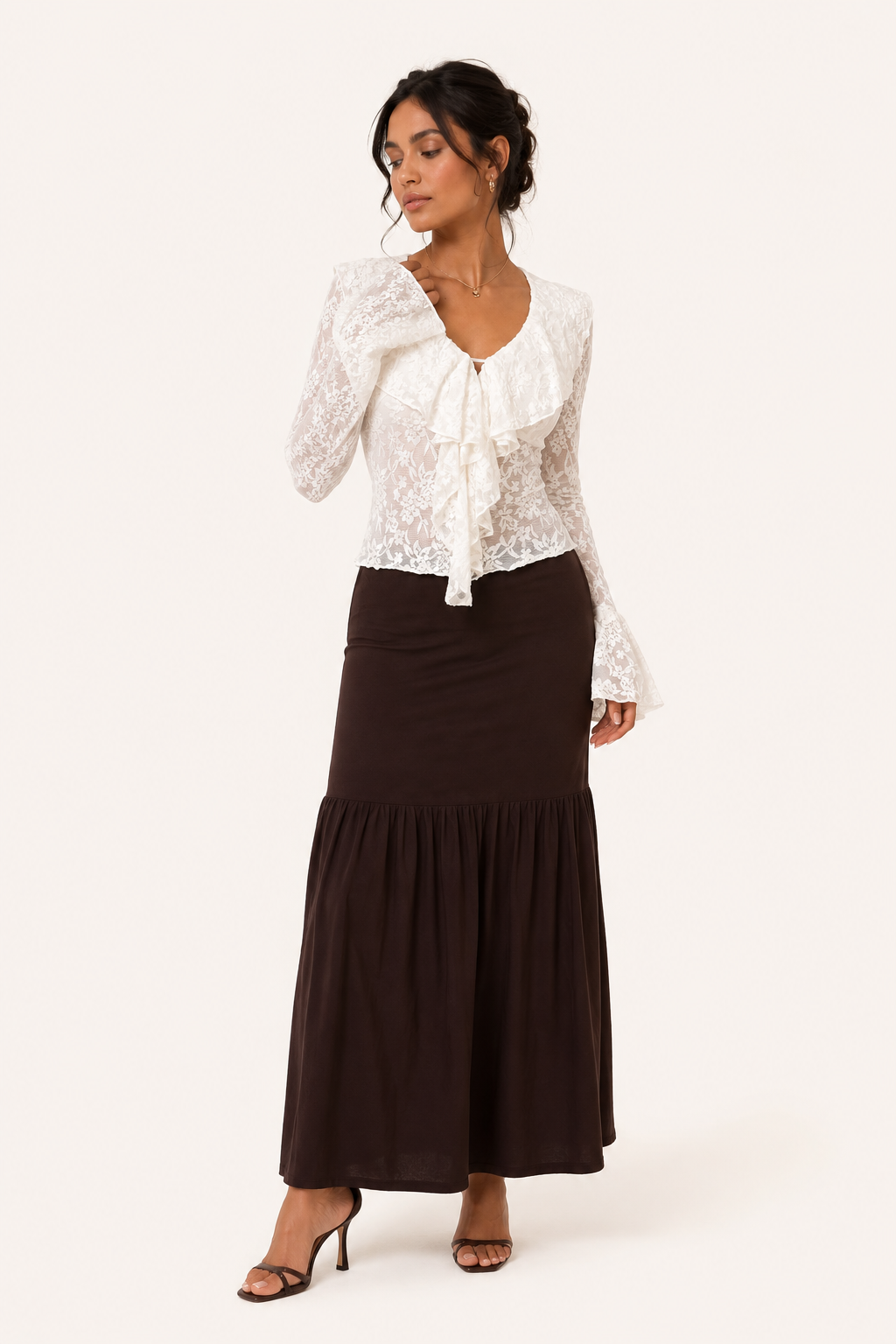 Blusa encaje floral mujer olanes frontales mangas abiertas transparente - Helena