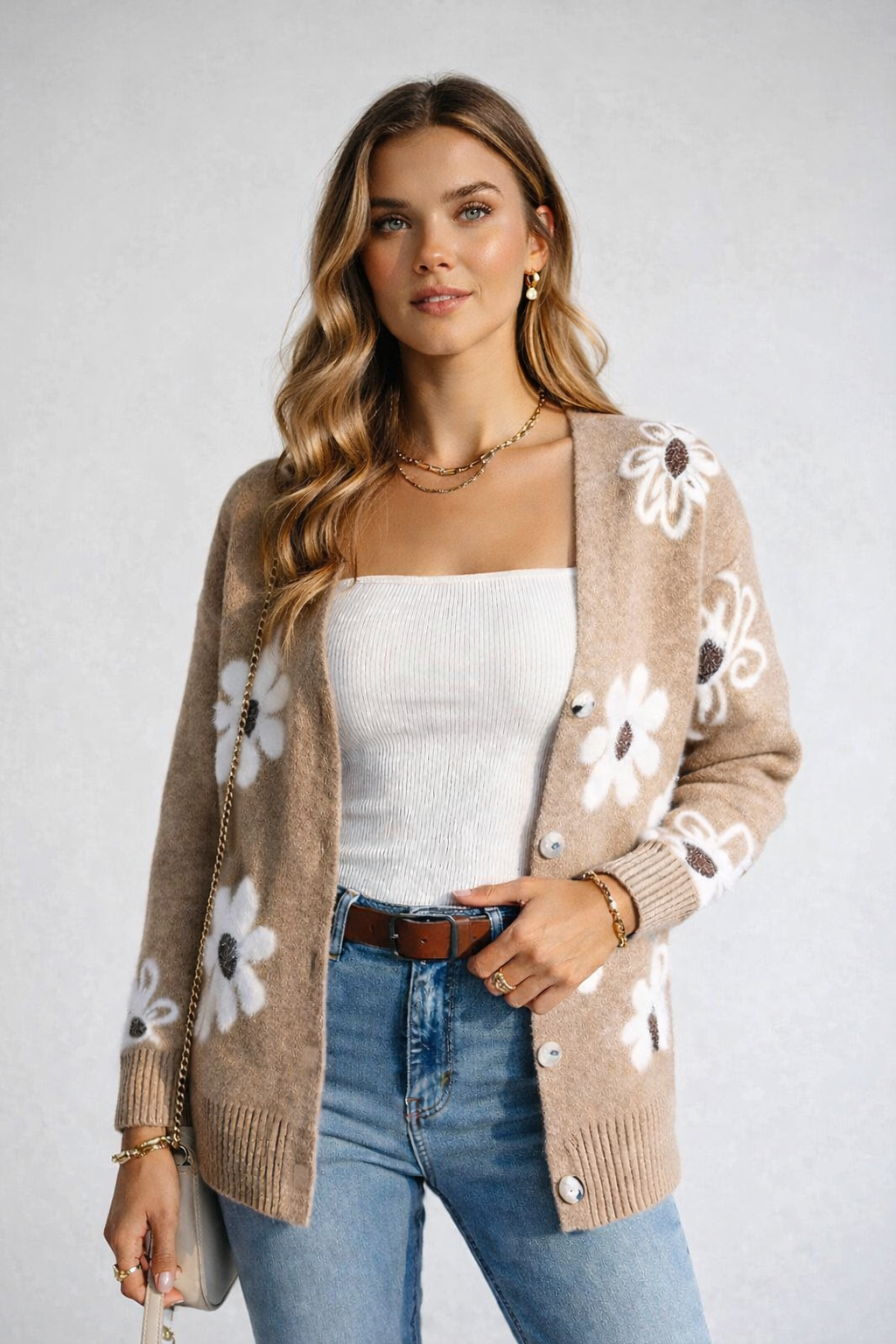 Cardigan de punto para mujer con motivo floral, tejido suave y caída natural ideal para uso diario