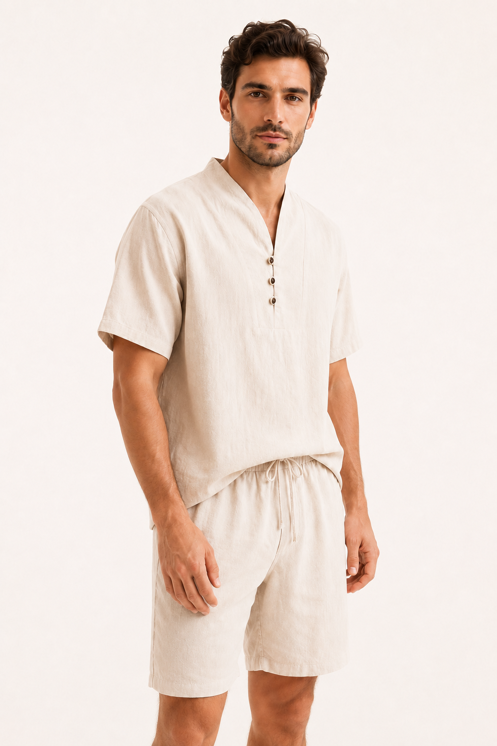 Conjunto hombre lino algodón camisa cuello mao short cintura elástica - Armin