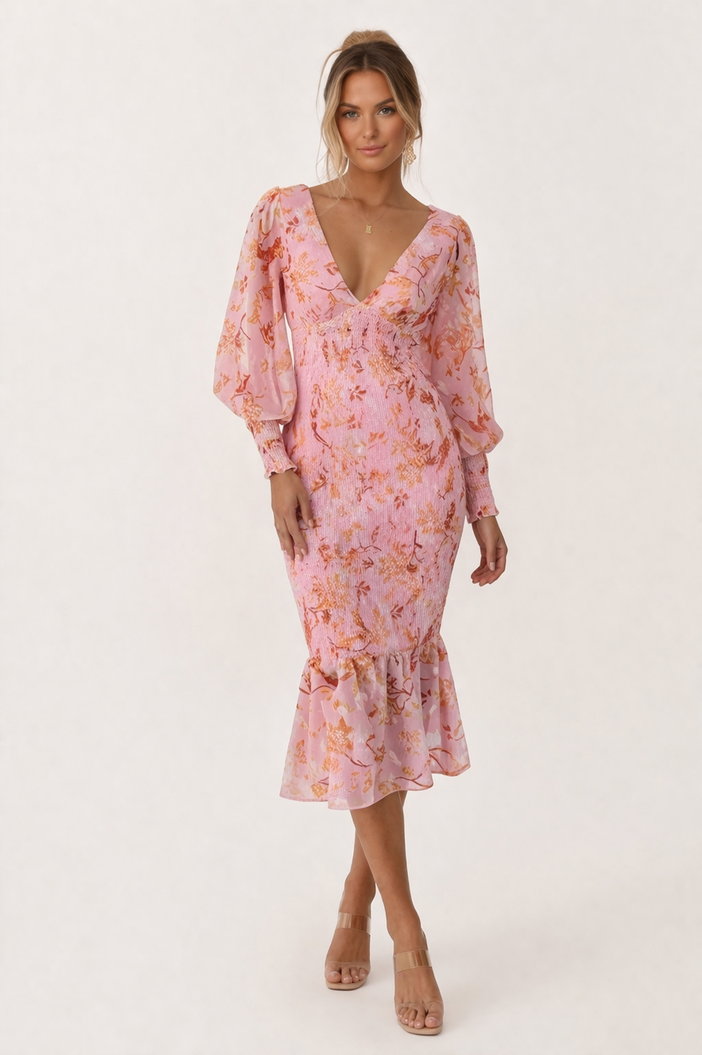 Vestido midi con escote en V, manga larga y flores entallado para mujer - Chiara