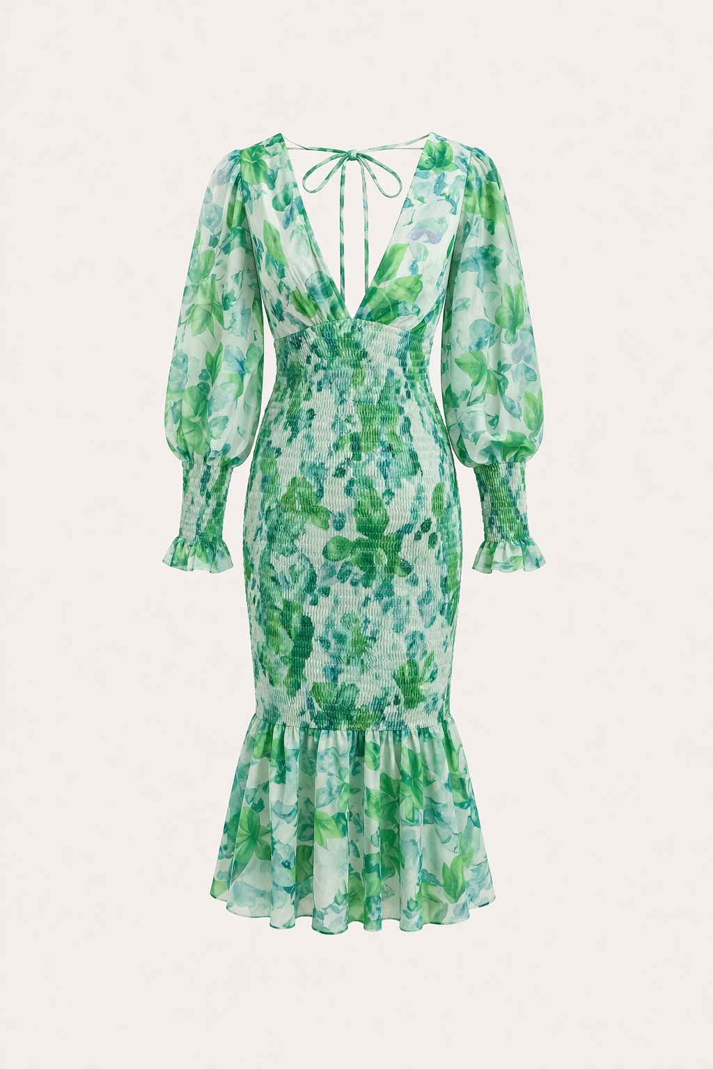Vestido midi con escote en V, manga larga y flores entallado para mujer - Chiara