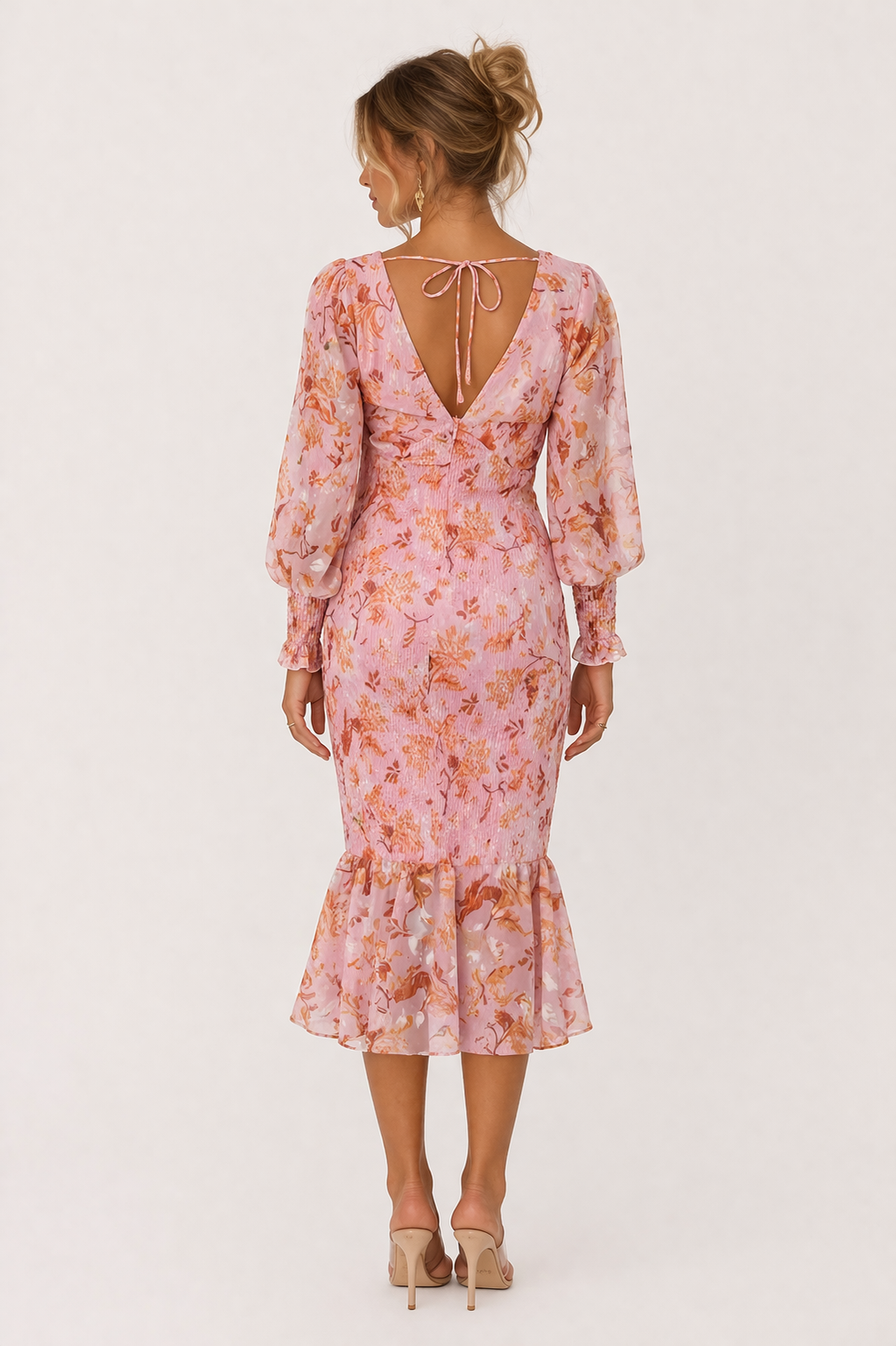 Vestido midi con escote en V, manga larga y flores entallado para mujer - Chiara
