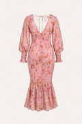 Vestido midi con escote en V, manga larga y flores entallado para mujer - Chiara