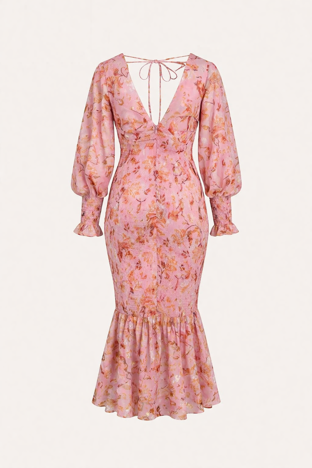 Vestido midi con escote en V, manga larga y flores entallado para mujer - Chiara