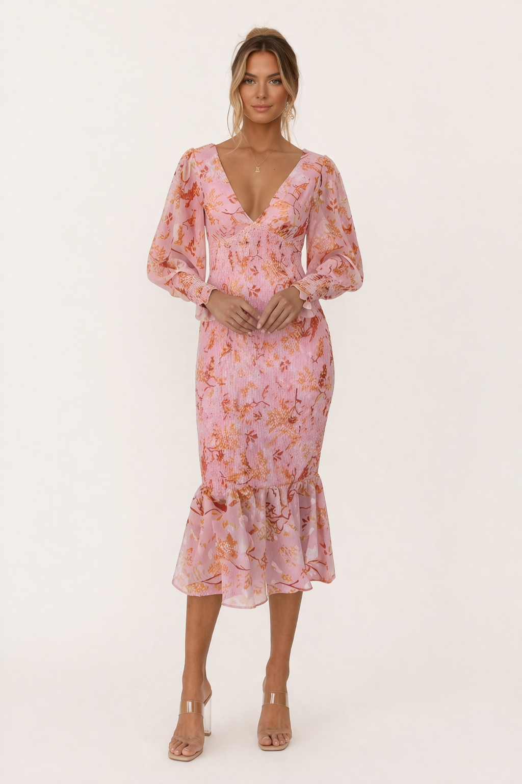 Vestido midi con escote en V, manga larga y flores entallado para mujer - Chiara