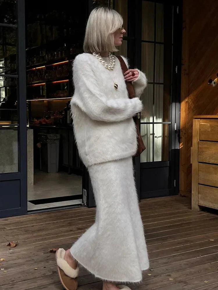 Conjunto de punto para mujer textura suave suéter holgado y falda larga de caída ligera