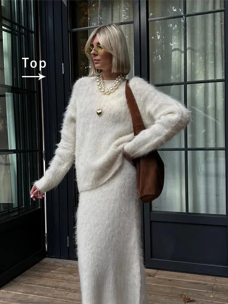 Conjunto de punto para mujer textura suave suéter holgado y falda larga de caída ligera