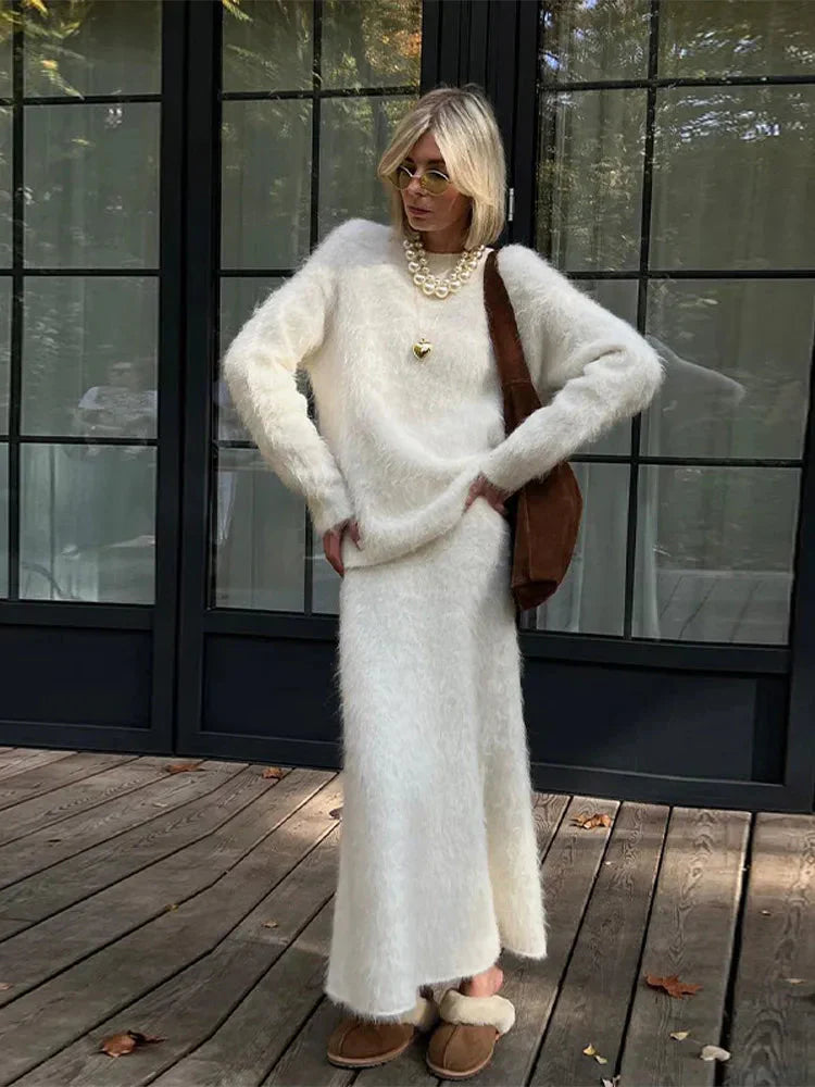 Conjunto de punto para mujer textura suave suéter holgado y falda larga de caída ligera