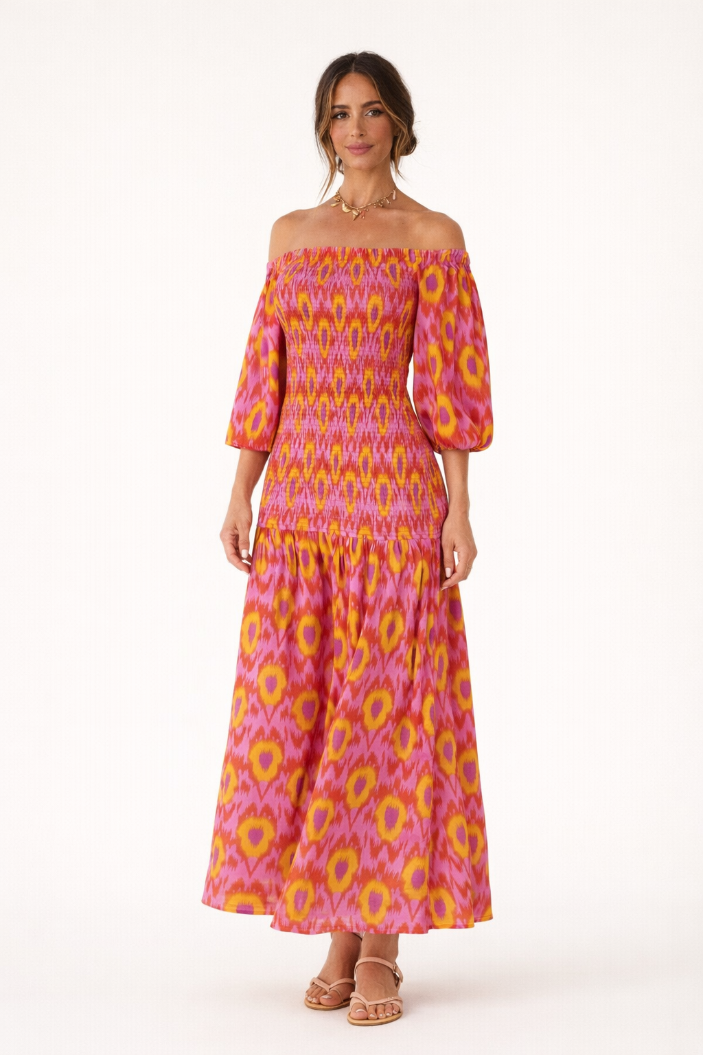 Vestido largo con hombros al descubierto y cuerpo fruncido para mujer - Anna