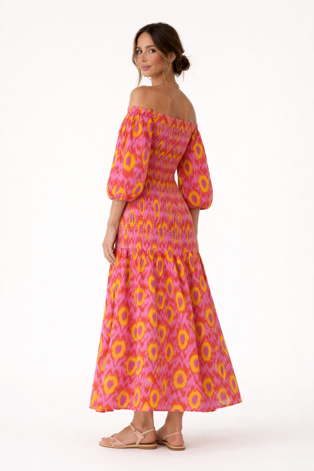 Vestido largo con hombros al descubierto y cuerpo fruncido para mujer - Anna