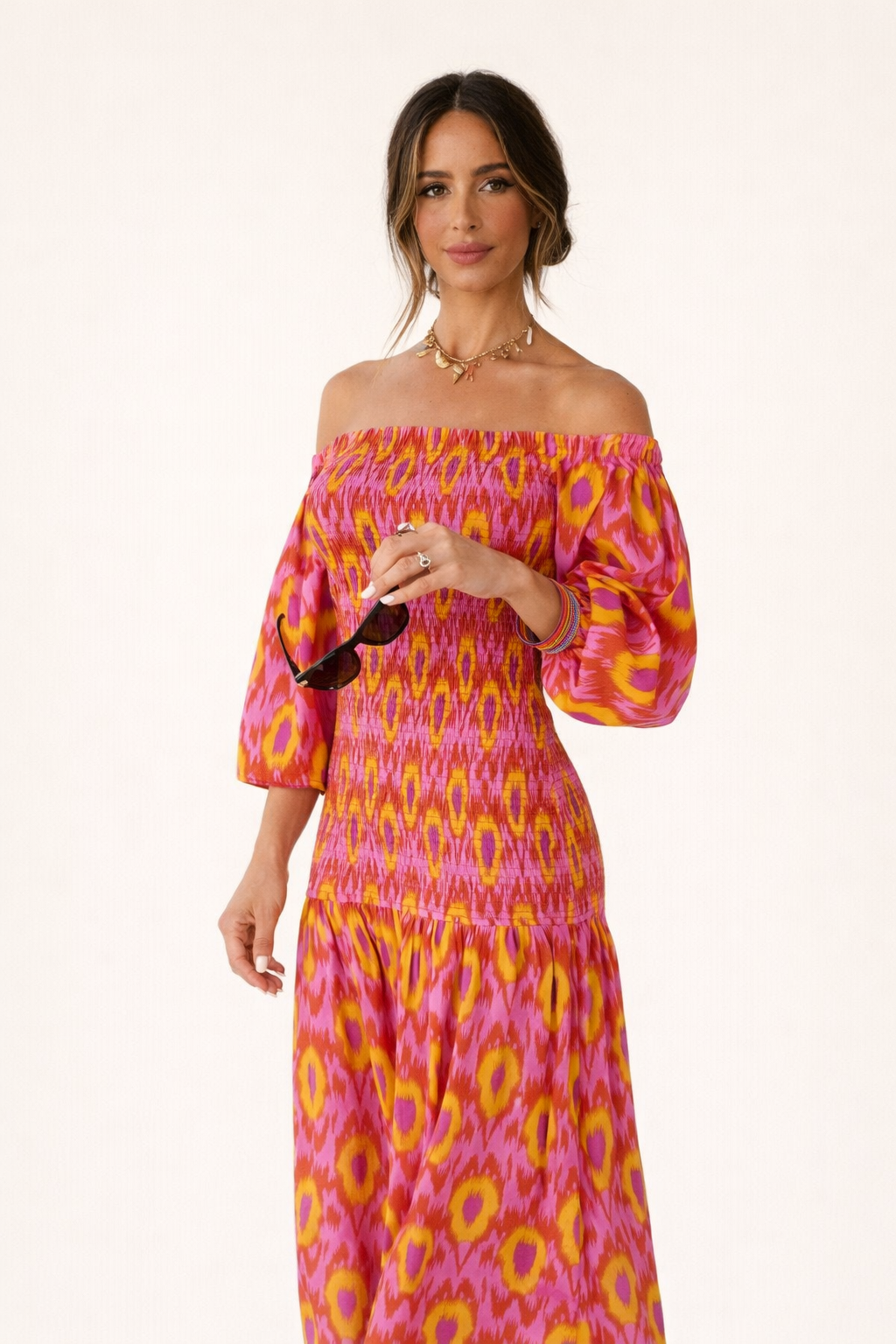 Vestido largo con hombros al descubierto y cuerpo fruncido para mujer - Anna