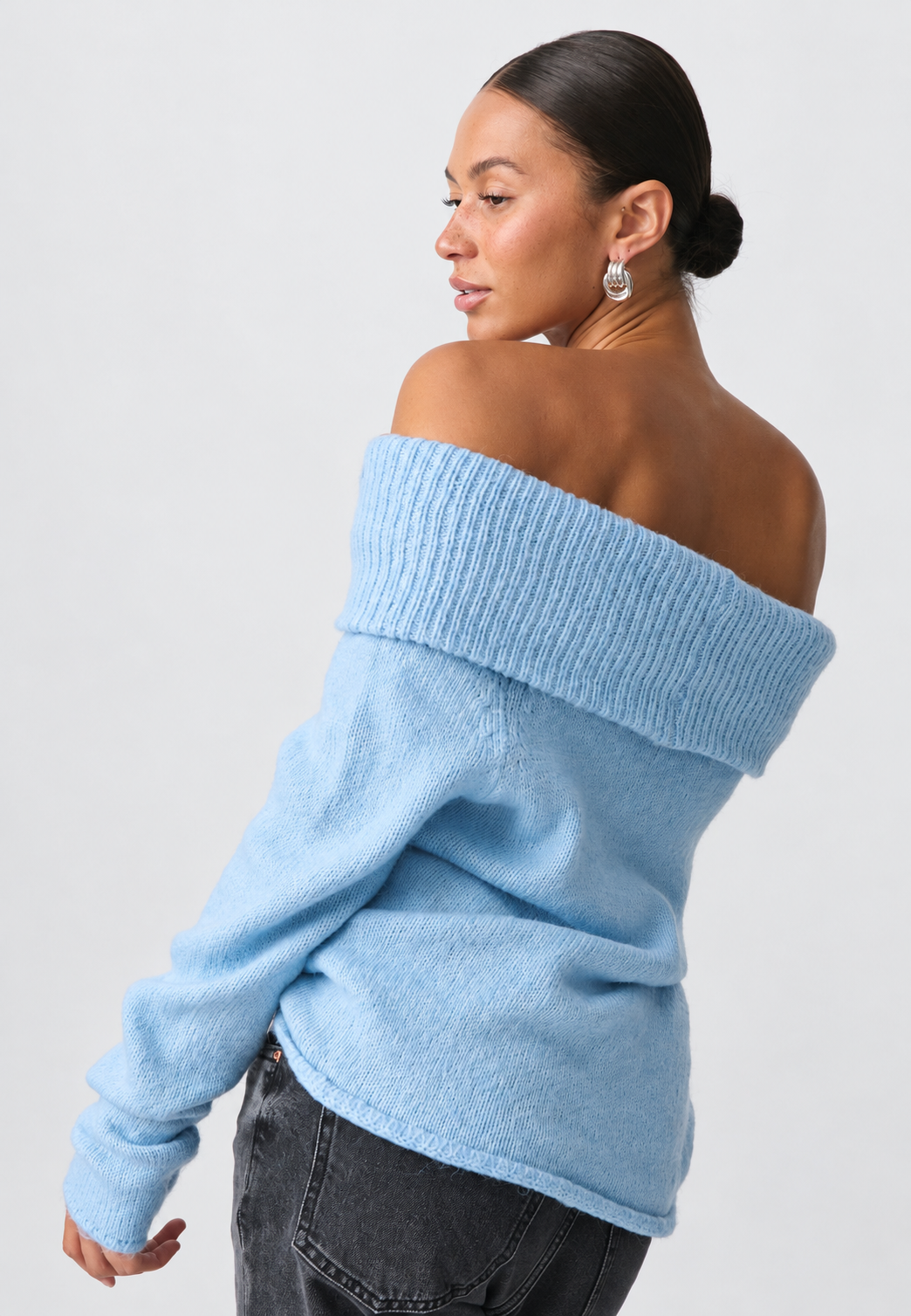 Jersey mujer hombros descubiertos cuello vuelto ancho manga larga punto liso - Belisa