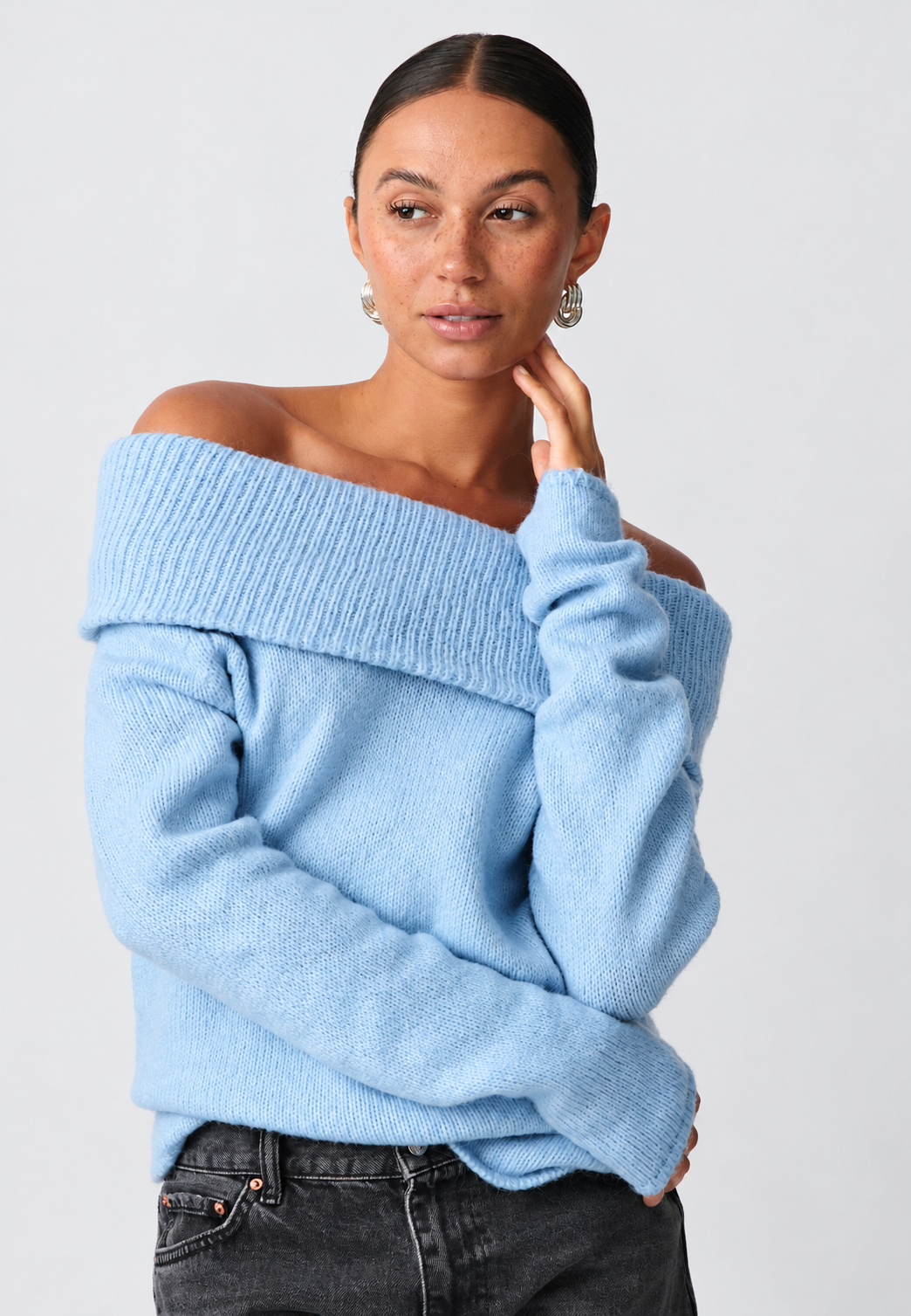 Jersey mujer hombros descubiertos cuello vuelto ancho manga larga punto liso - Belisa