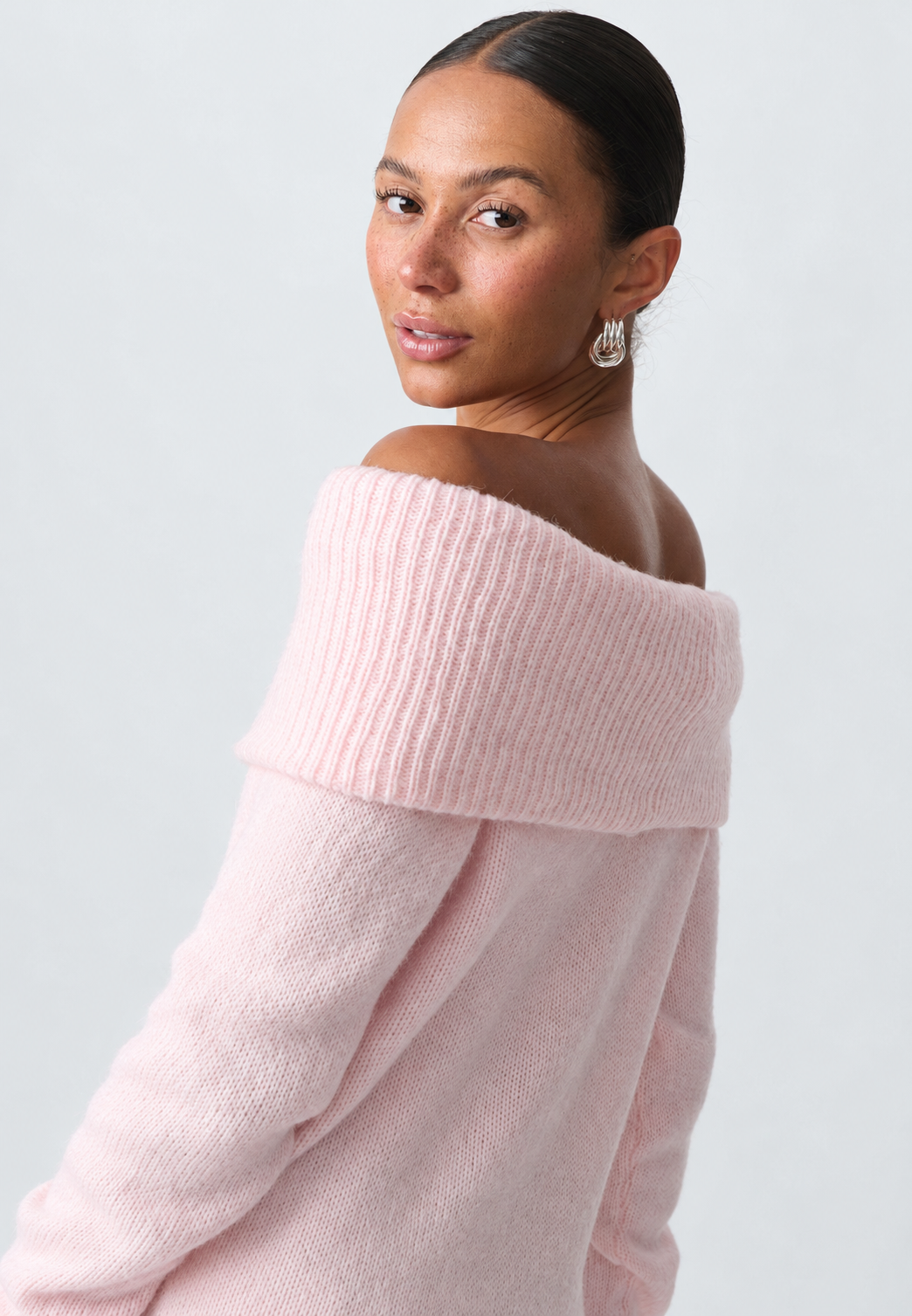 Jersey mujer hombros descubiertos cuello vuelto ancho manga larga punto liso - Belisa