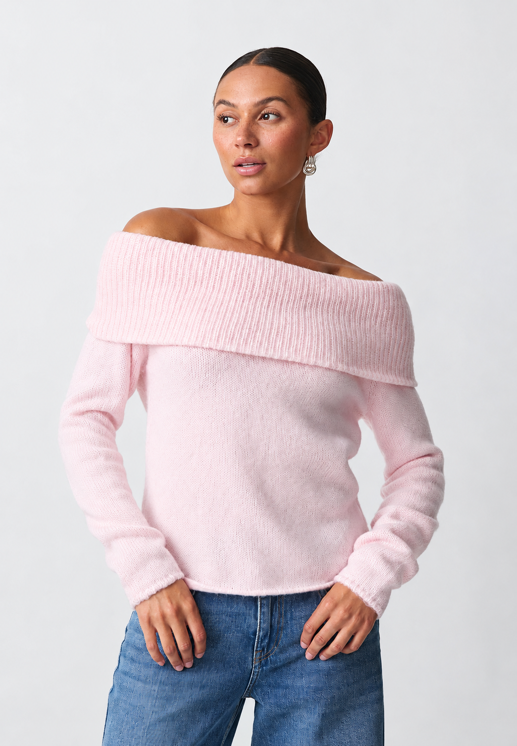 Jersey mujer hombros descubiertos cuello vuelto ancho manga larga punto liso - Belisa