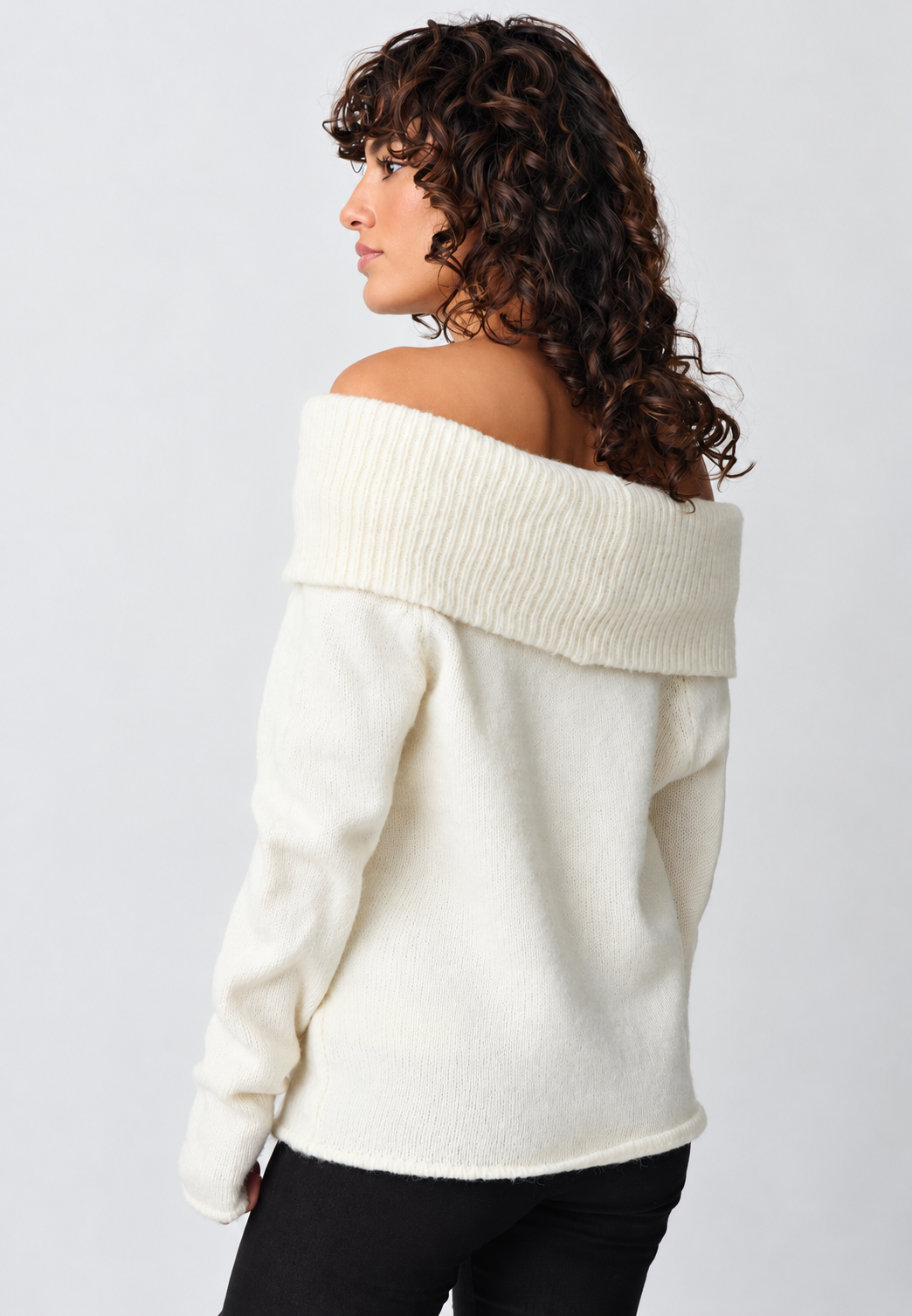 Jersey mujer hombros descubiertos cuello vuelto ancho manga larga punto liso - Belisa