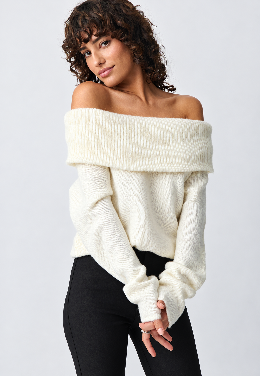 Jersey mujer hombros descubiertos cuello vuelto ancho manga larga punto liso - Belisa
