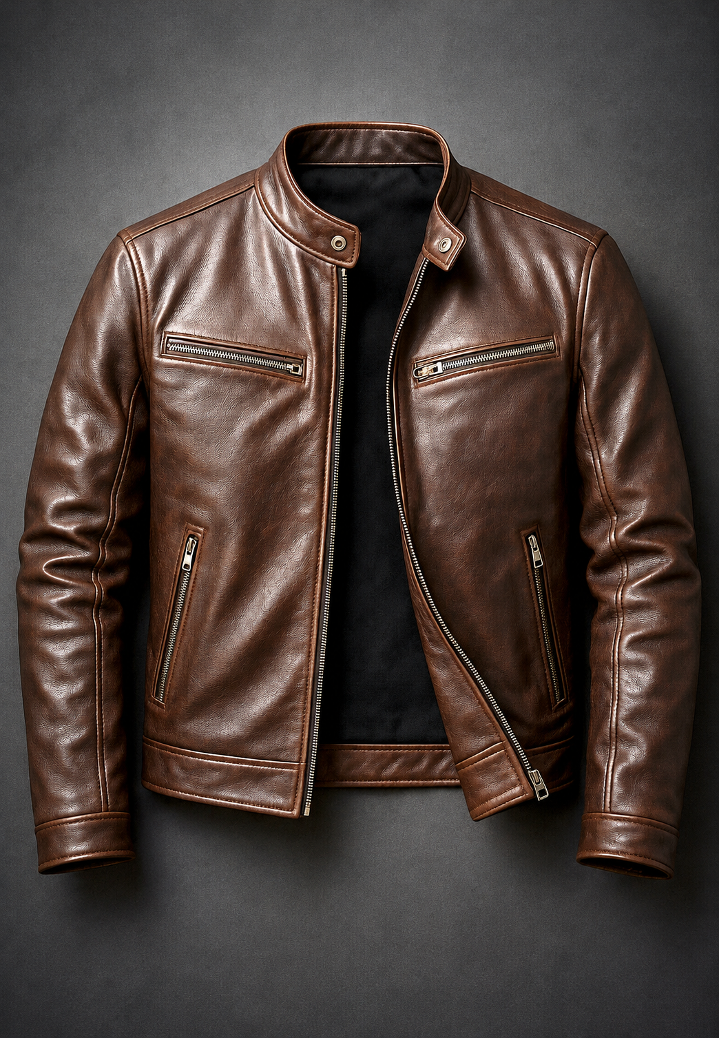 Cazadora biker hombre efecto piel cuello mao cuatro bolsillos cremallera corta - Kaelor