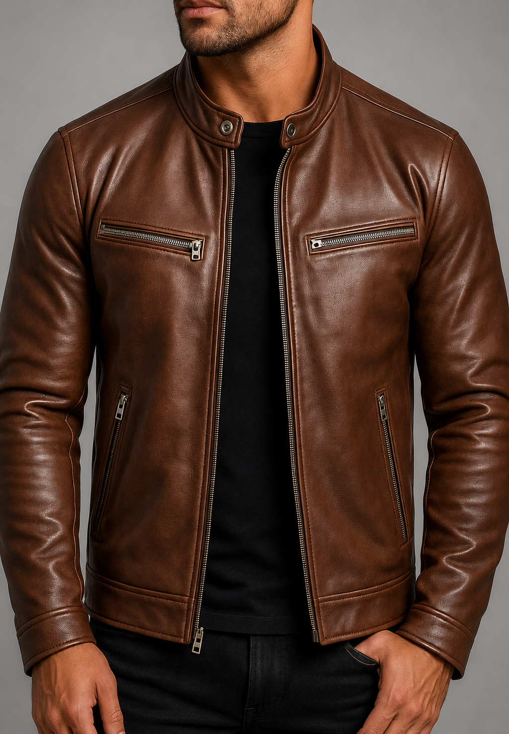 Cazadora biker hombre efecto piel cuello mao cuatro bolsillos cremallera corta - Kaelor
