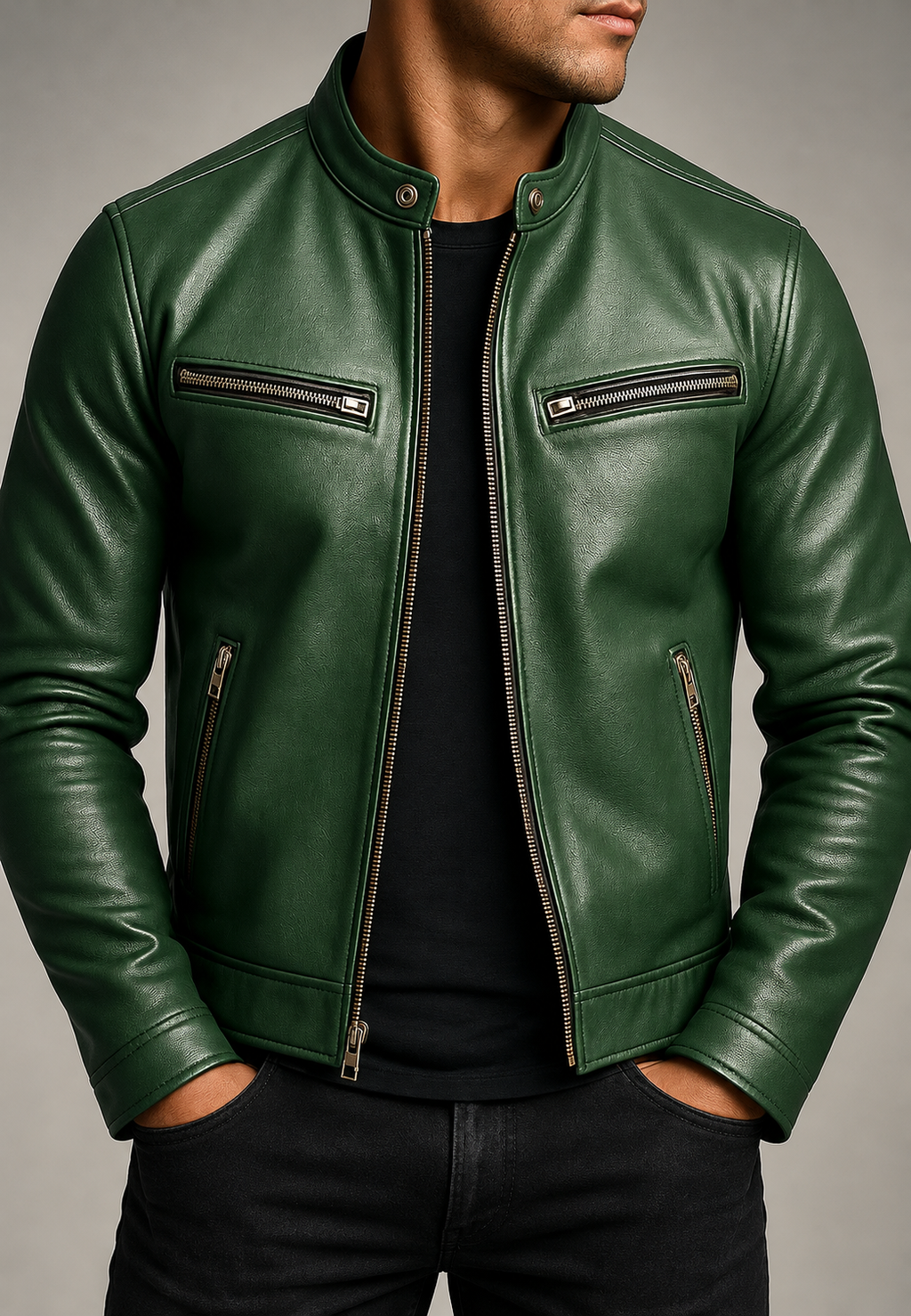 Cazadora biker hombre efecto piel cuello mao cuatro bolsillos cremallera corta - Kaelor