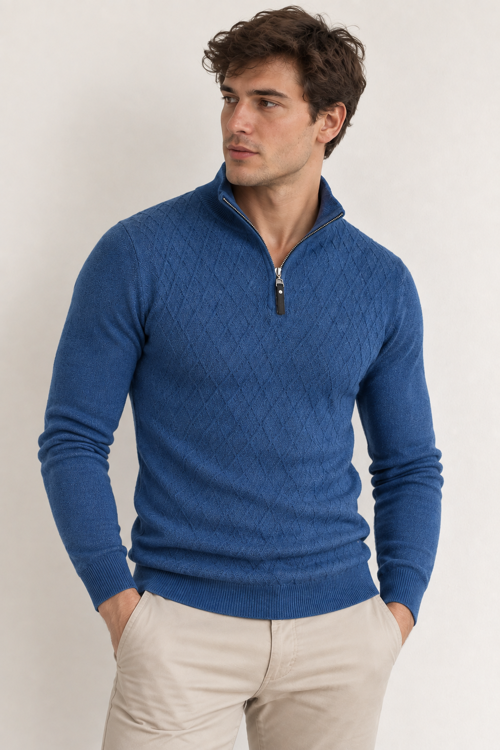 Jersey punto hombre media cremallera cuello alto textura discreta casual elegante - Nivard