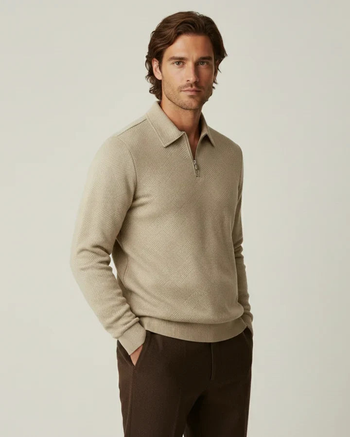 Jersey hombre cuello polo media cremallera punto texturizado canalé versátil - Gauthier