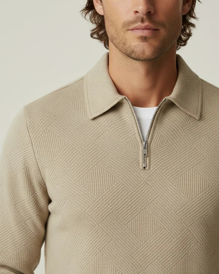 Jersey hombre cuello polo media cremallera punto texturizado canalé versátil - Gauthier