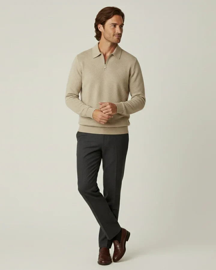 Jersey hombre cuello polo media cremallera punto texturizado canalé versátil - Gauthier