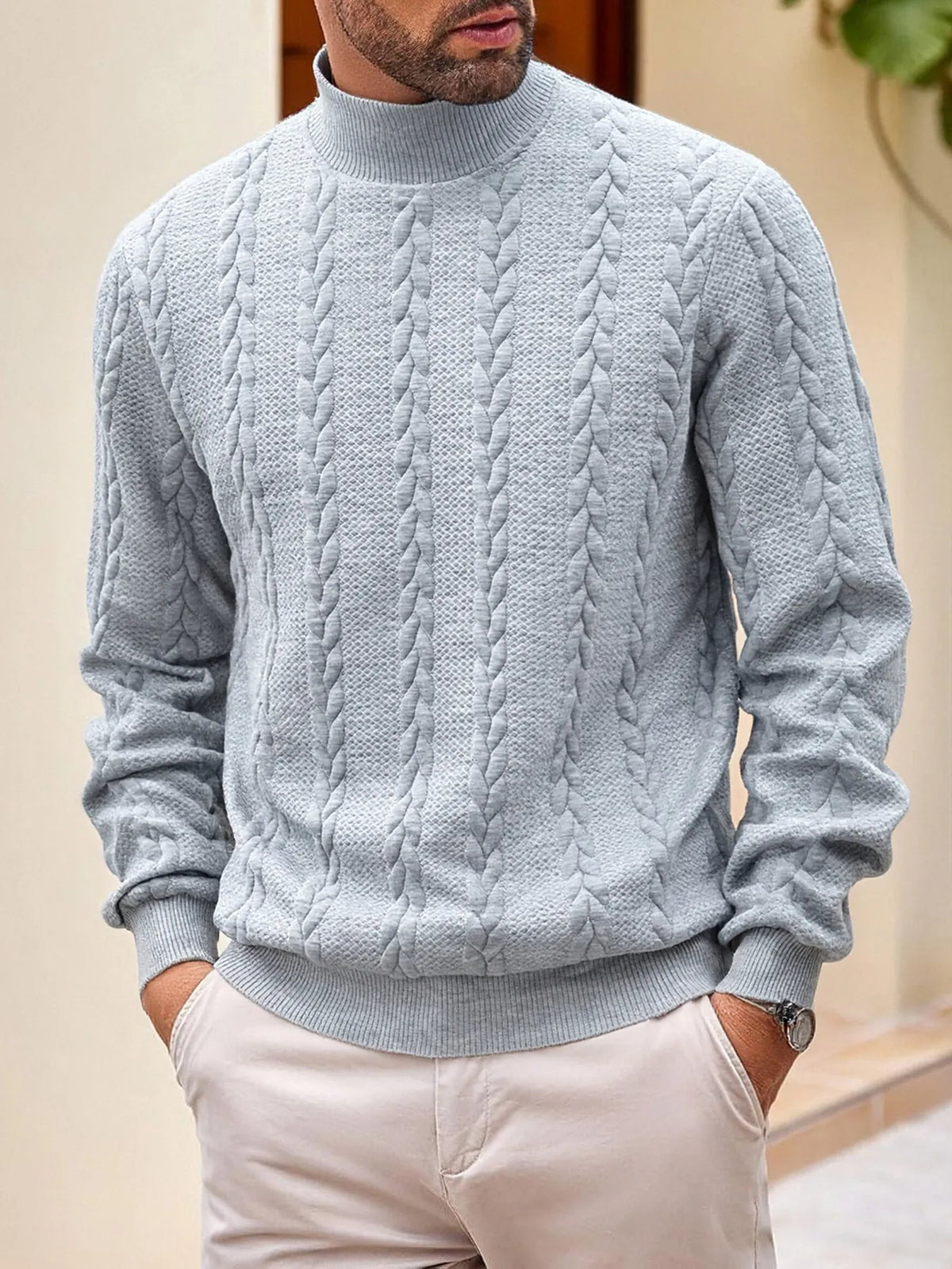 Jersey punto hombre cuello alto trenzado textura básico elegante otoño - Matteo