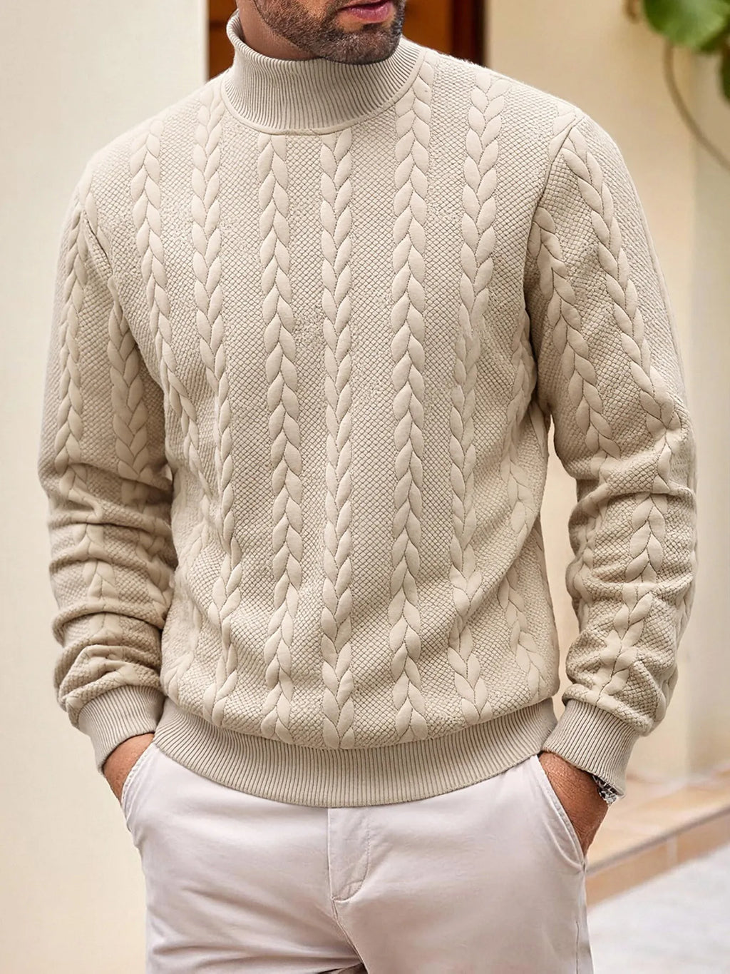Jersey punto hombre cuello alto trenzado textura básico elegante otoño - Matteo