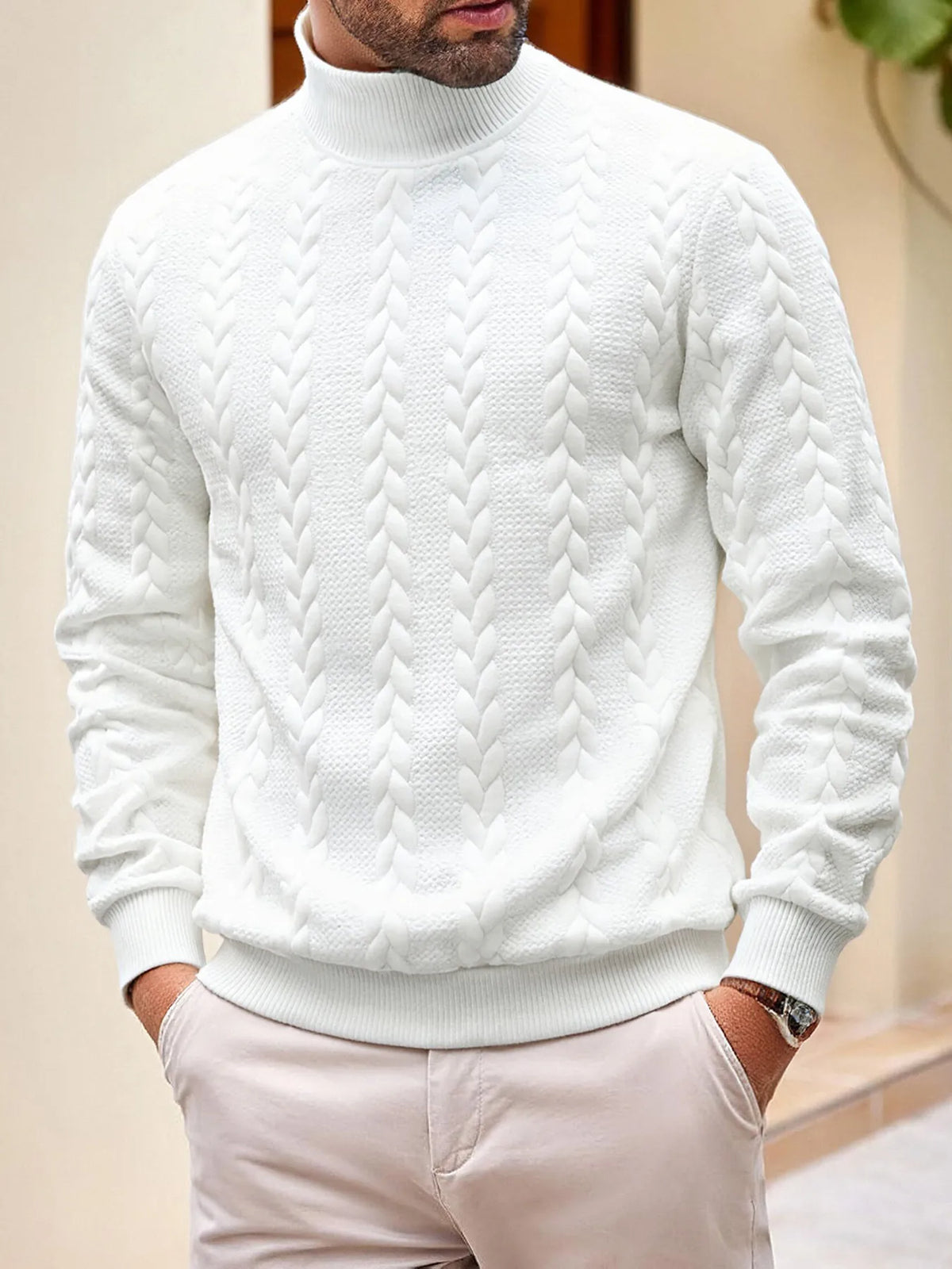 Jersey punto hombre cuello alto trenzado textura básico elegante otoño - Matteo