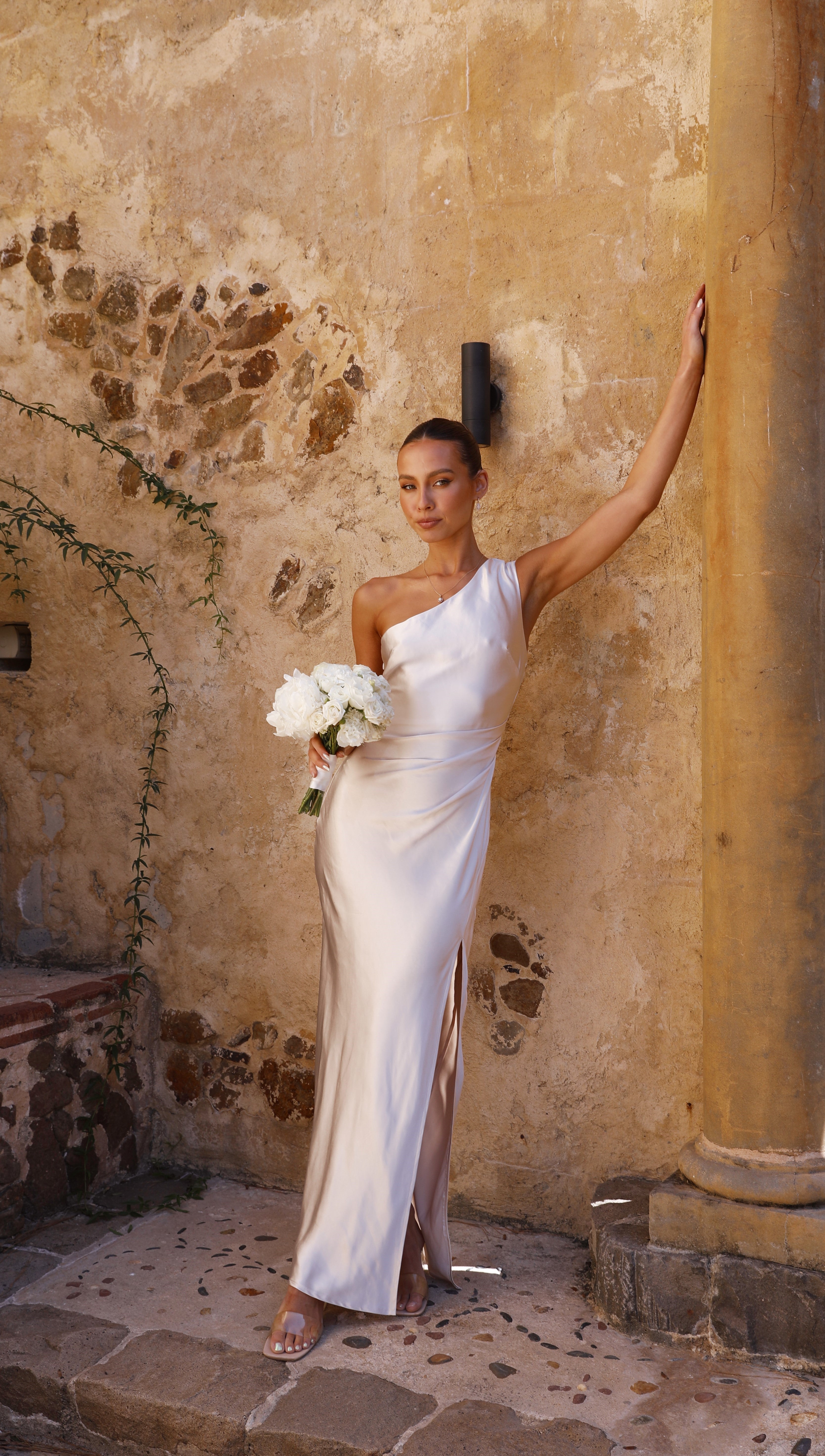 Vestido largo mujer un solo hombro fruncido cintura abertura frontal elegante - Marim