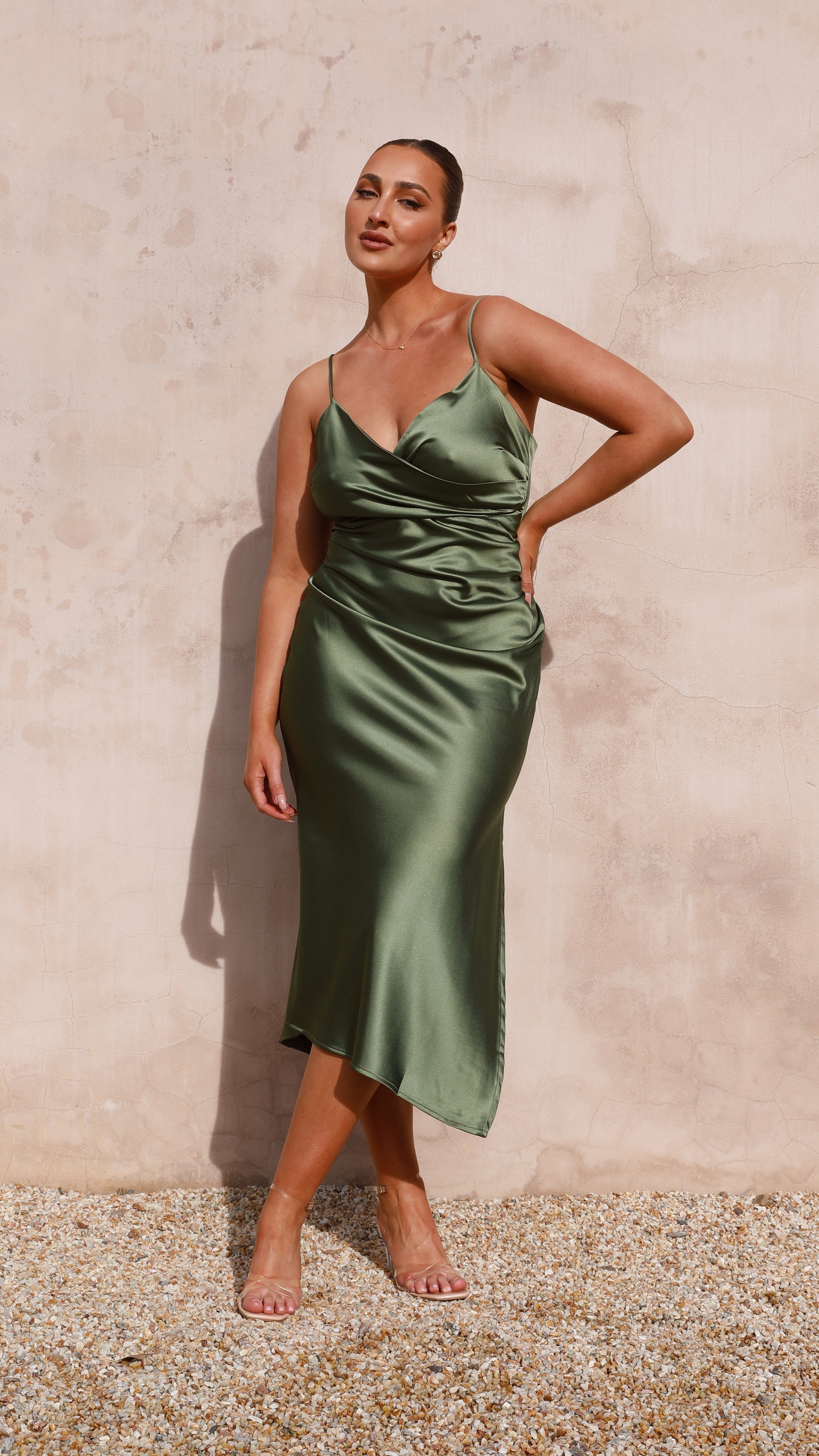 Vestido midi satinado mujer escote cruzado drapeado tirantes regulables abertura - Jessica